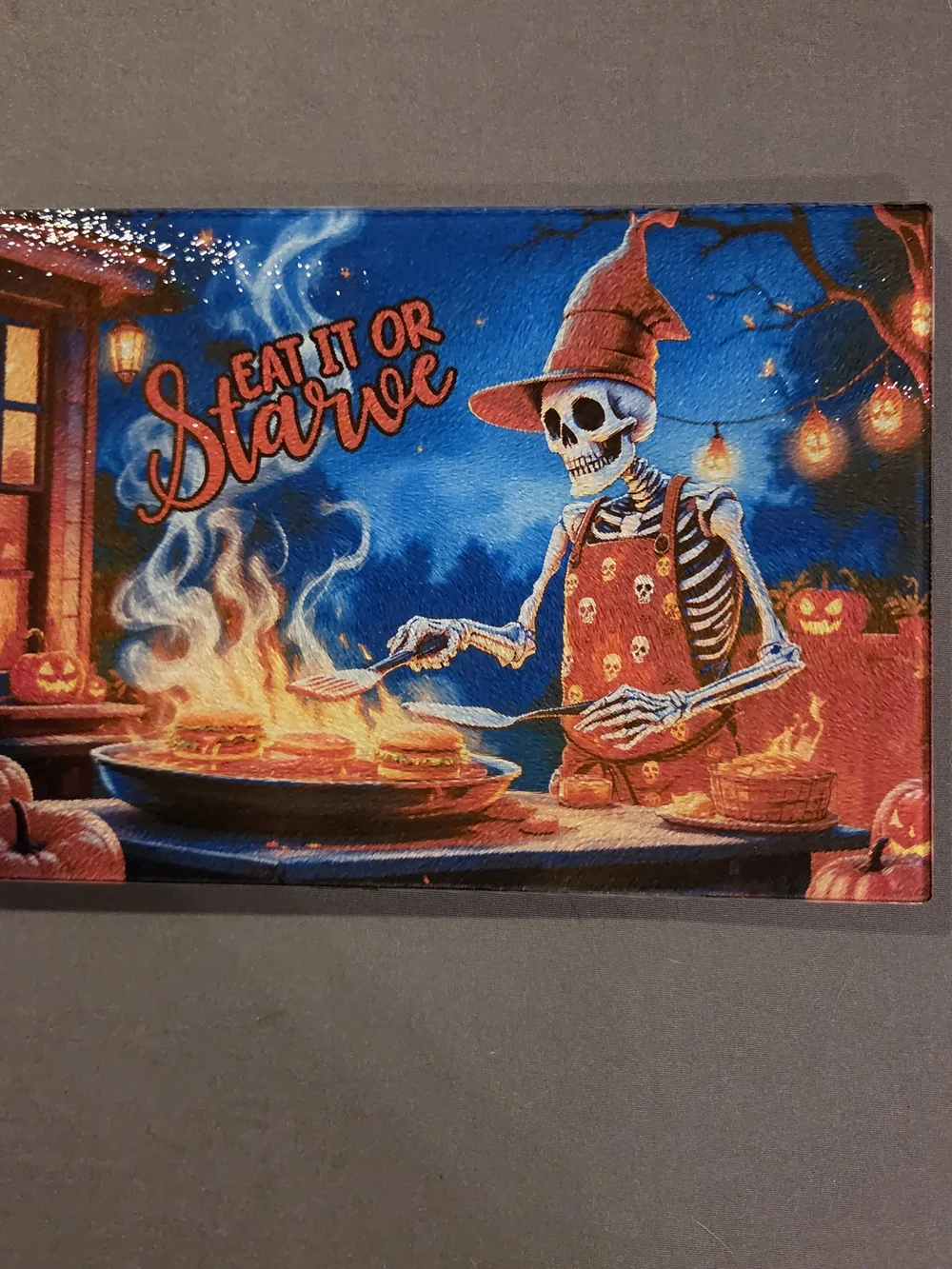 Halloween Skeleton Chef Glass Cutting Board 8x11 Eat It or Starve